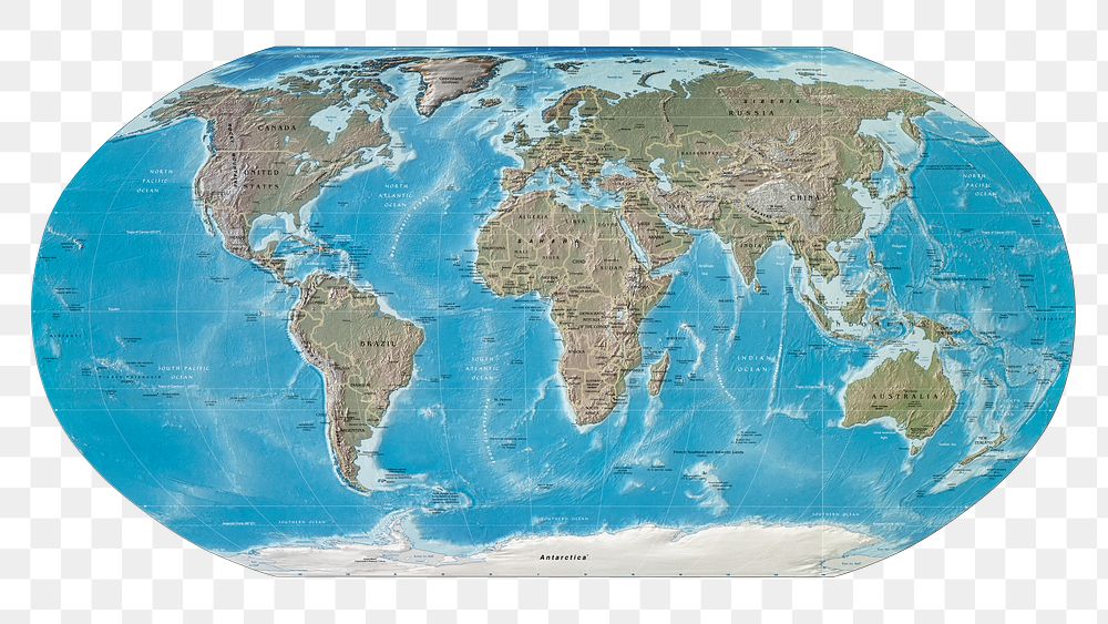 Flat world map png geography, transparent background. Remixed by rawpixel. 