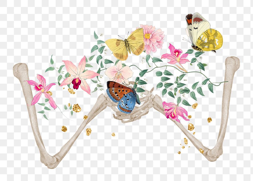 Floral skeleton png sticker, mixed media transparent background