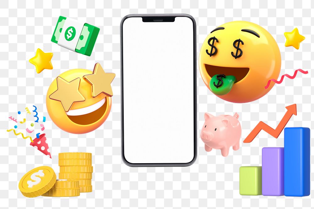 Money-mouth face png emoticon phone screen, growing revenue business, transparent background