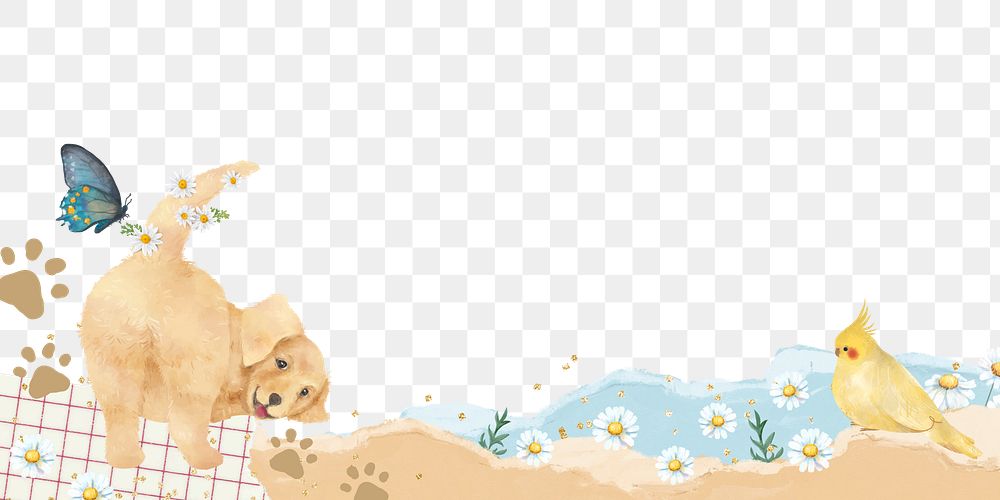Aesthetic png ripped paper border sticker, Golden Retriever dog on transparent background