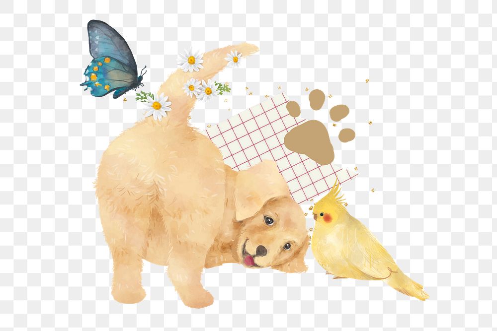 Playful png Golden Retriever dog and bird collage, transparent background