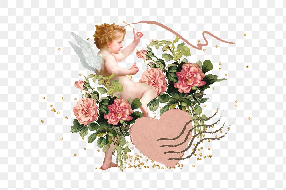 Floral Valentine's cupid png sticker, aesthetic collage, transparent background