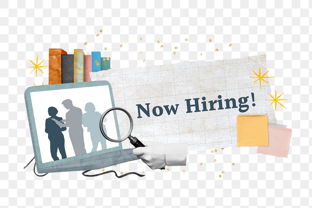 Now hiring words png sticker, HR recruitment collage, transparent background