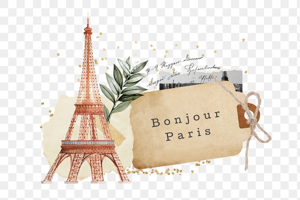 Bonjour Paris words png sticker, Eiffel Tower aesthetic collage, transparent background
