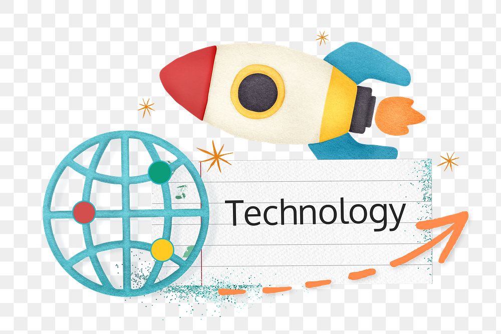Technology word png sticker, space rocket collage, transparent background
