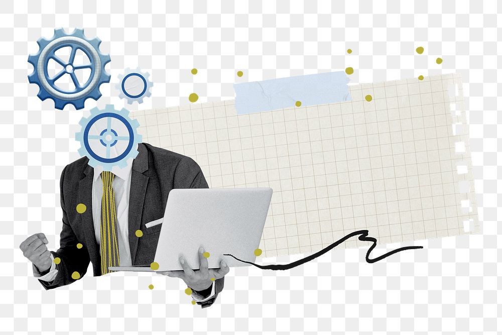 Businessman cogwheel head png sticker, paper collage, transparent background