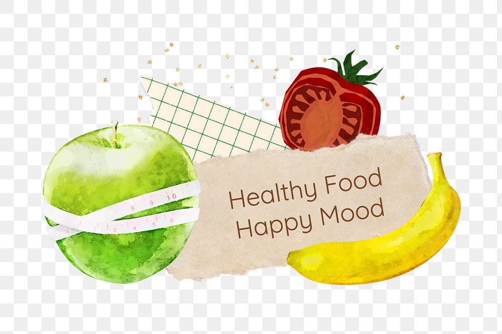 Healthy food png happy mood, fruits collage, transparent background