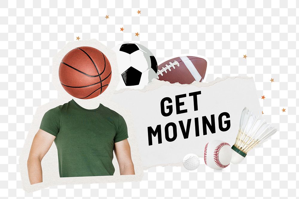 Get moving words png sticker, sports paper collage, transparent background