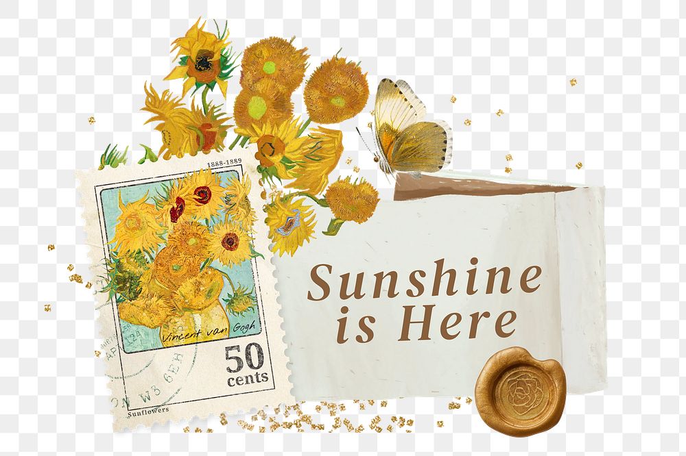 Sunshine is here png words sticker, Van Gogh's Sunflowers collage, transparent background, remixed by rawpixel