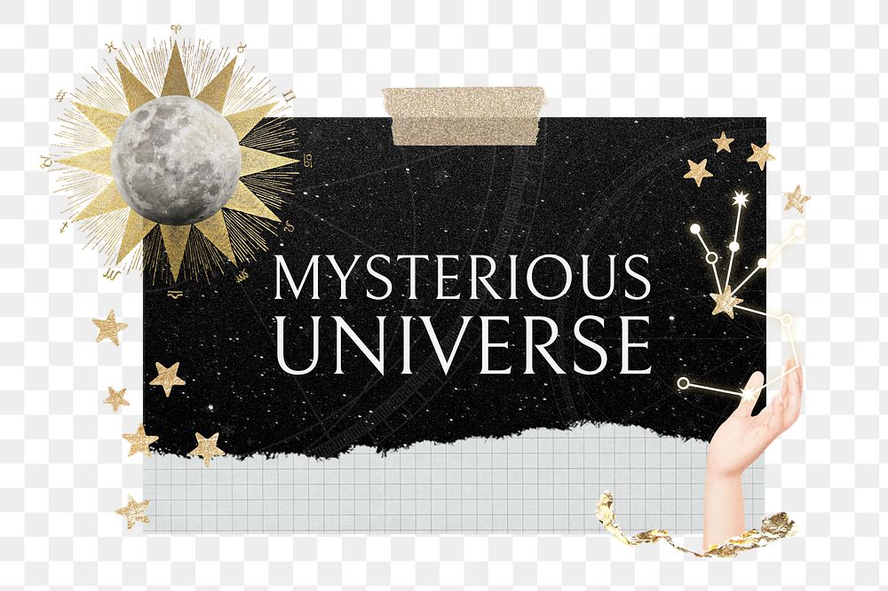 Mysterious universe words png sticker, astrology collage, transparent background