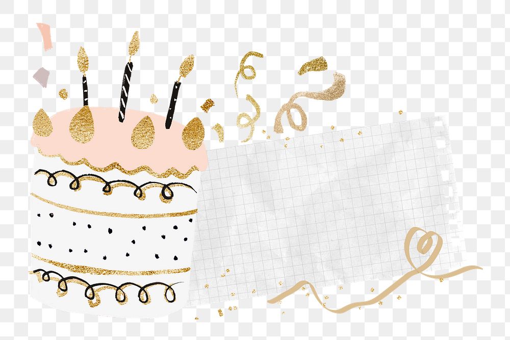 Birthday cake png note paper sticker, aesthetic celebration collage, transparent background