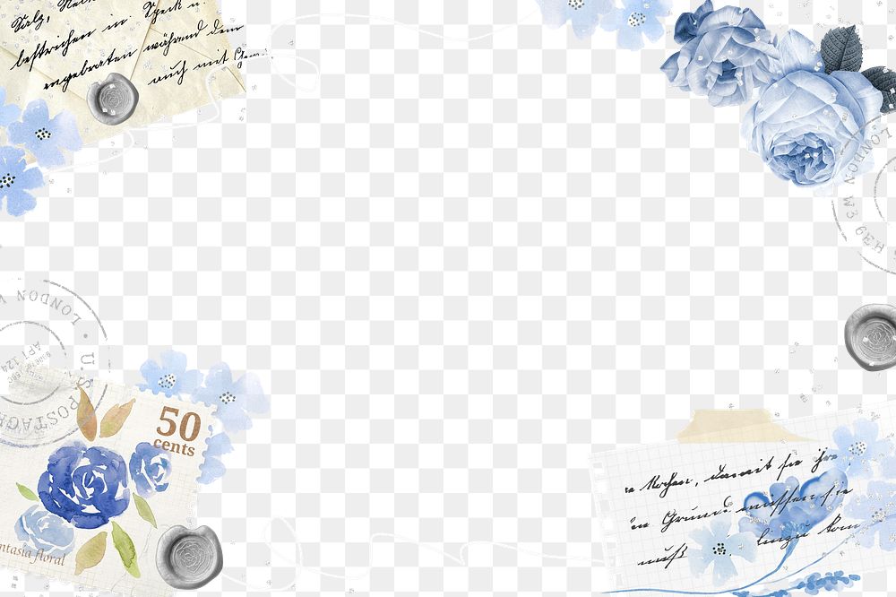 Flower frame png vintage blue rose sticker, transparent background, remix illustration