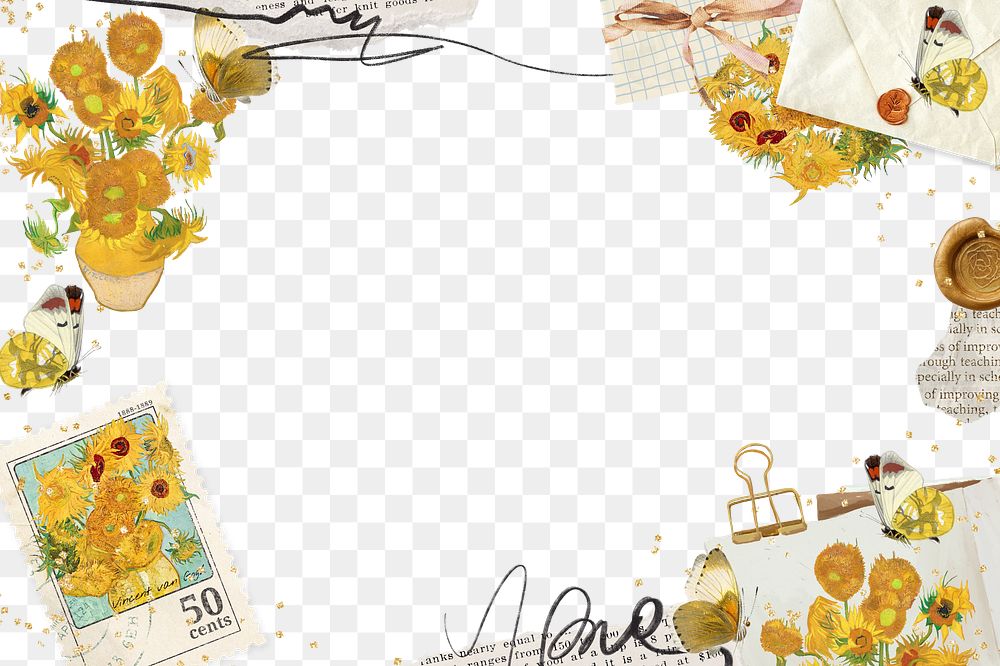 Van Gogh's Sunflowers png frame, transparent background, remixed by rawpixel