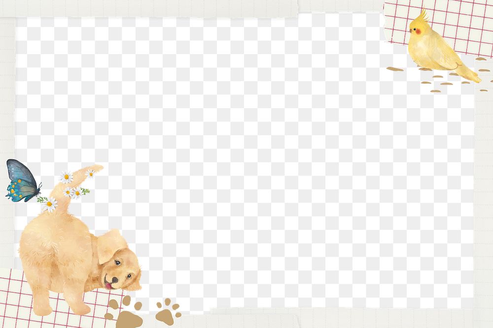 Cute paper png frame, Golden Retriever dog illustration, transparent background