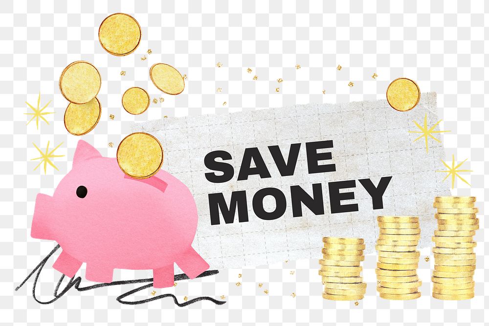 Save money word png sticker, piggy bank collage, transparent background
