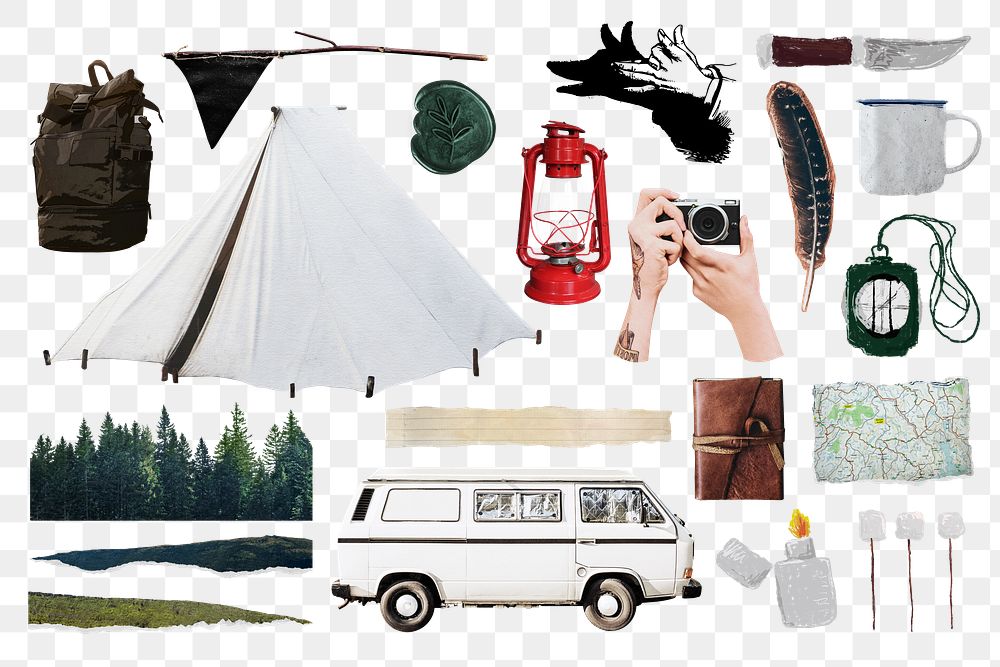 Camping travel aesthetic png sticker set, transparent background