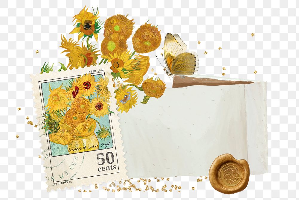 Van Gogh's Sunflowers png collage sticker, transparent background, remixed by rawpixel