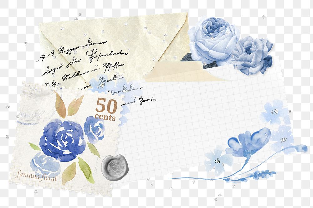 PNG vintage blue rose envelope sticker, transparent background, remix illustration