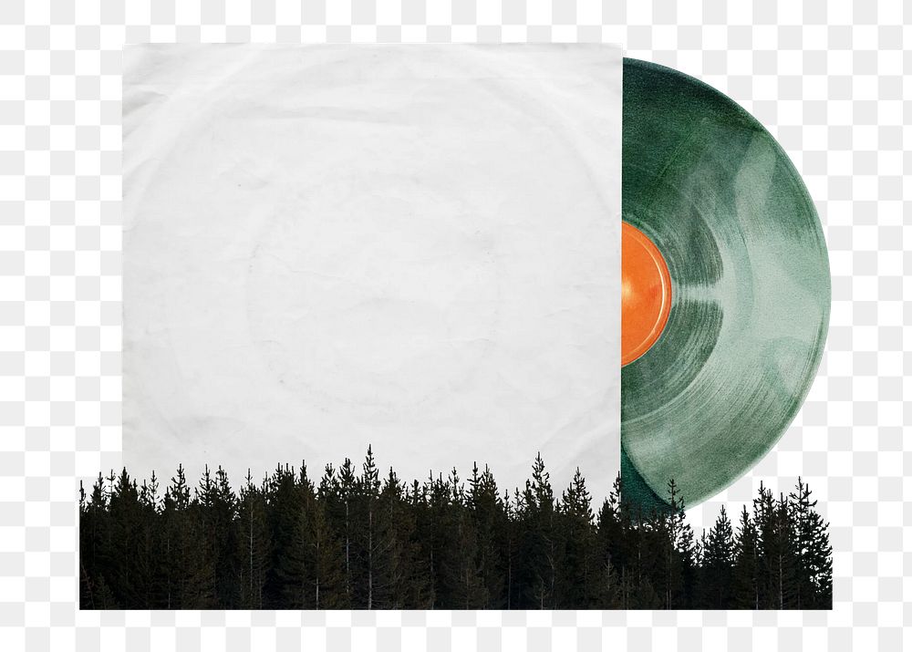 Green vinyl record png sticker, music and nature collage, transparent background