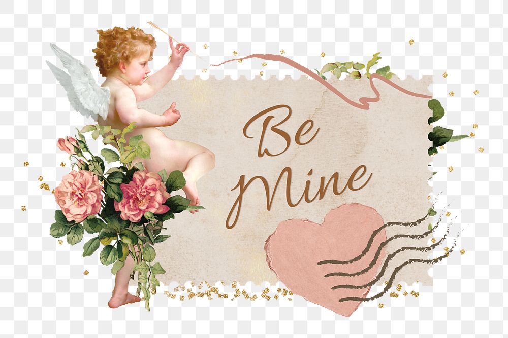 Be mine words png sticker, Valentine's cupid collage, transparent background