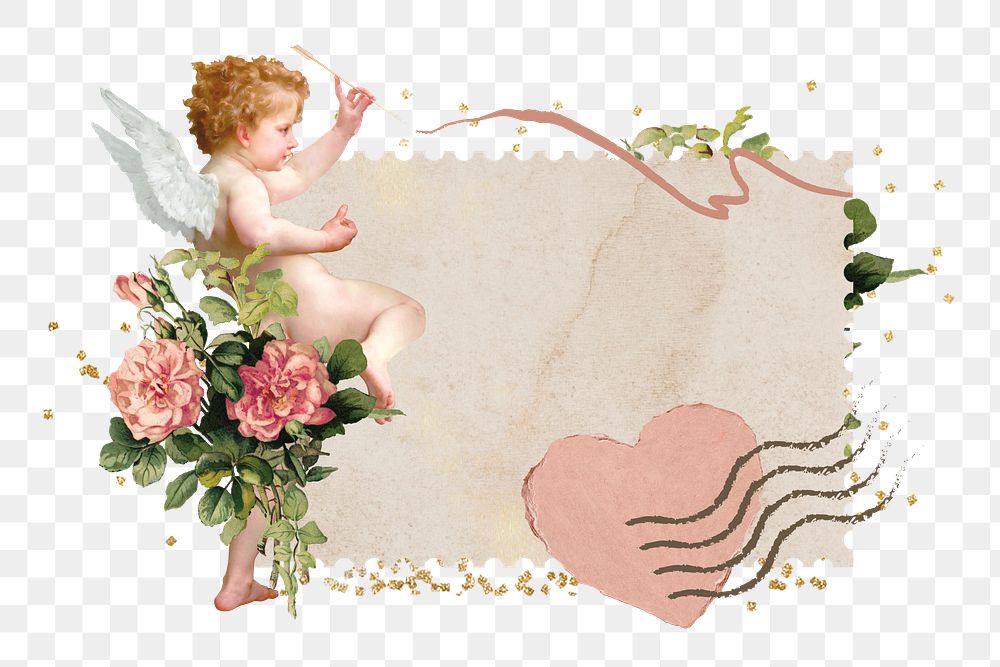 Valentine's cupid stamp png sticker, aesthetic paper collage, transparent background