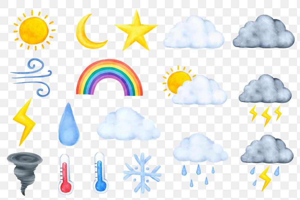 Watercolor weather png cute sticker set, transparent background