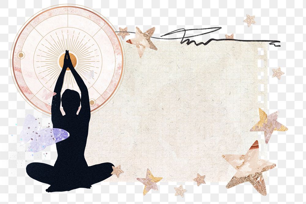 Meditating woman png note paper sticker, wellness aesthetic collage, transparent background