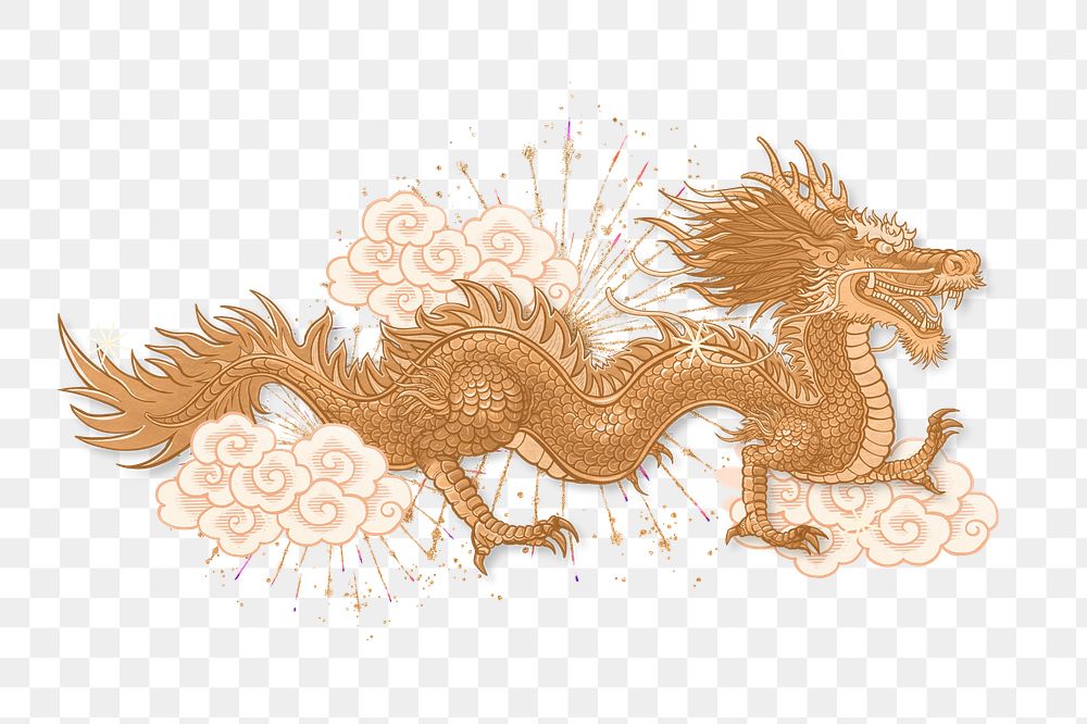 Chinese dragon png sticker, gold animal zodiac illustration, transparent background