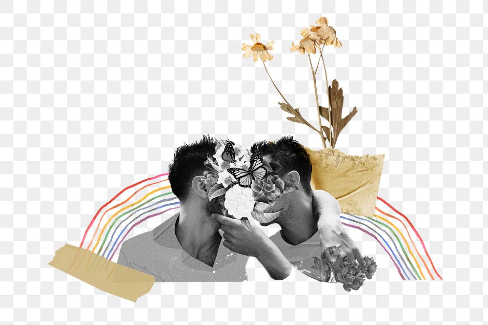 Gay couple kissing png sticker, LGBTQ Valentine's remix, transparent background