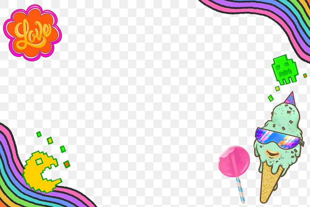 Funky ice-cream rainbow png border, transparent background