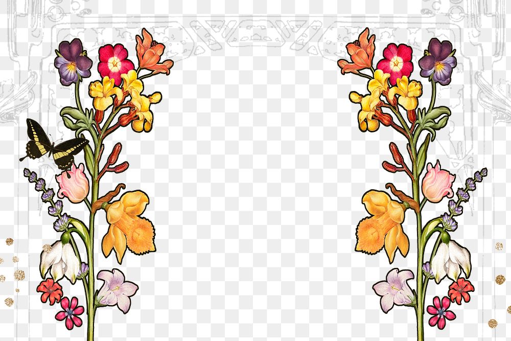 Flower border png art nouveau frame sticker, transparent background, remixed by rawpixel