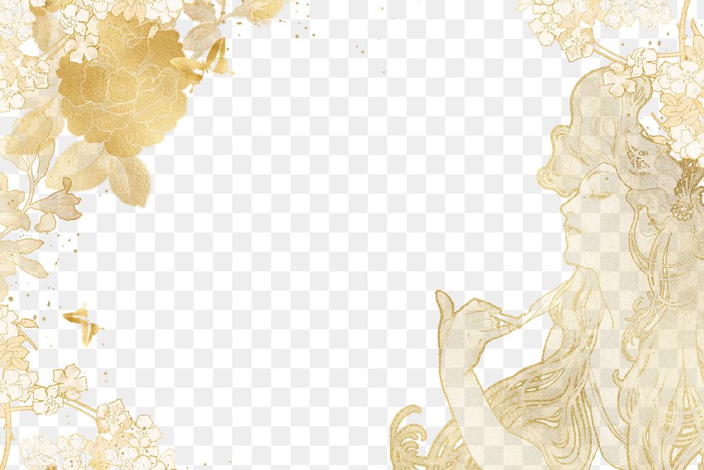 Alphonse Mucha's border png gold woman sticker, transparent background, remixed by rawpixel