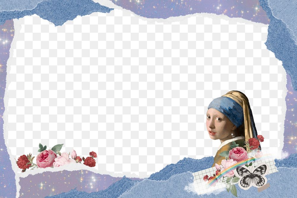 Vermeer girl png ripped paper frame, transparent background. Famous art remixed by rawpixel.