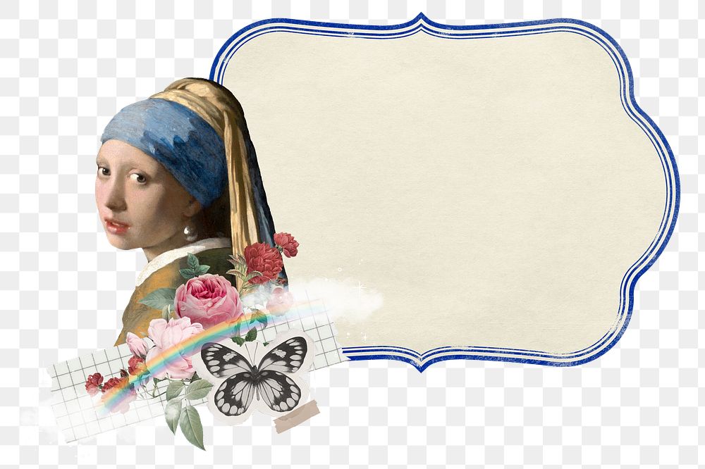 Vermeer girl png label badge, transparent background. Famous art remixed by rawpixel.