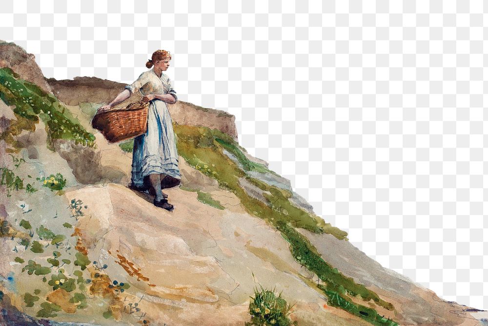 Girl Carrying png Basket border, Winslow Homer's vintage, transparent background, remixed by rawpixel