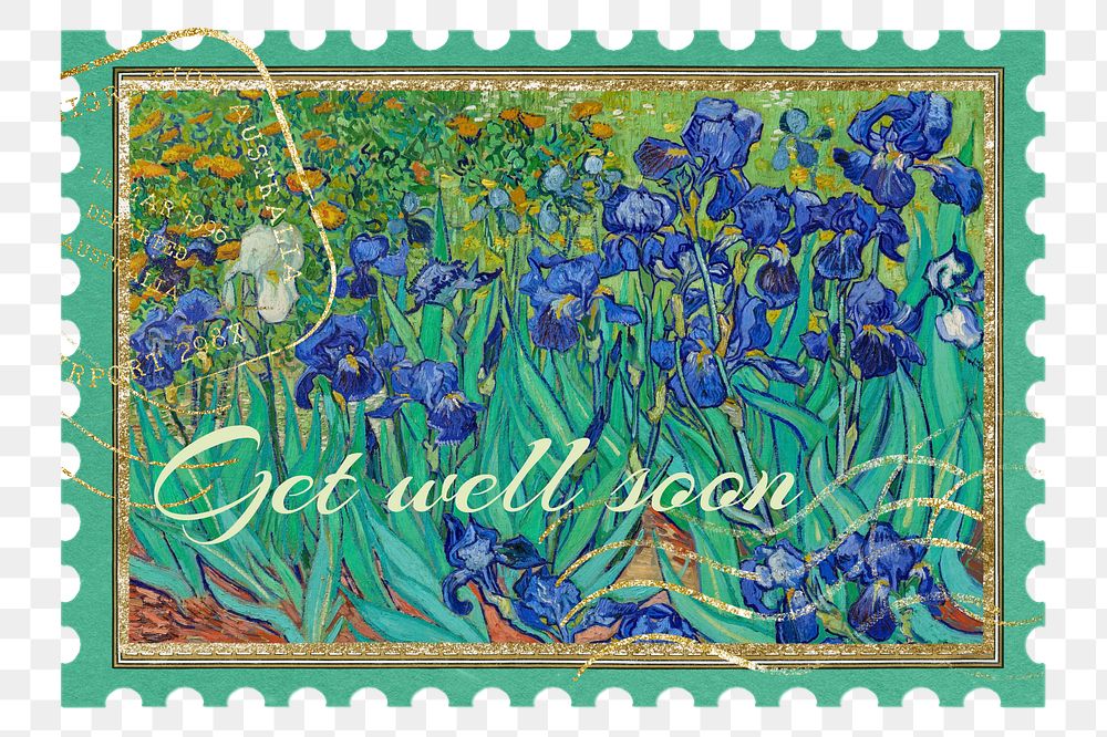 Vintage postage stamp png Vincent Van Gogh's Irises sticker, transparent background, remixed by rawpixel