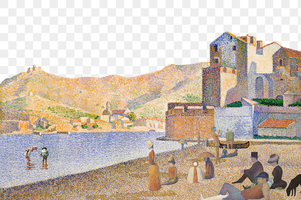 Beach town png border sticker, transparent background. Paul Signac famous artwork remixed by rawpixel.