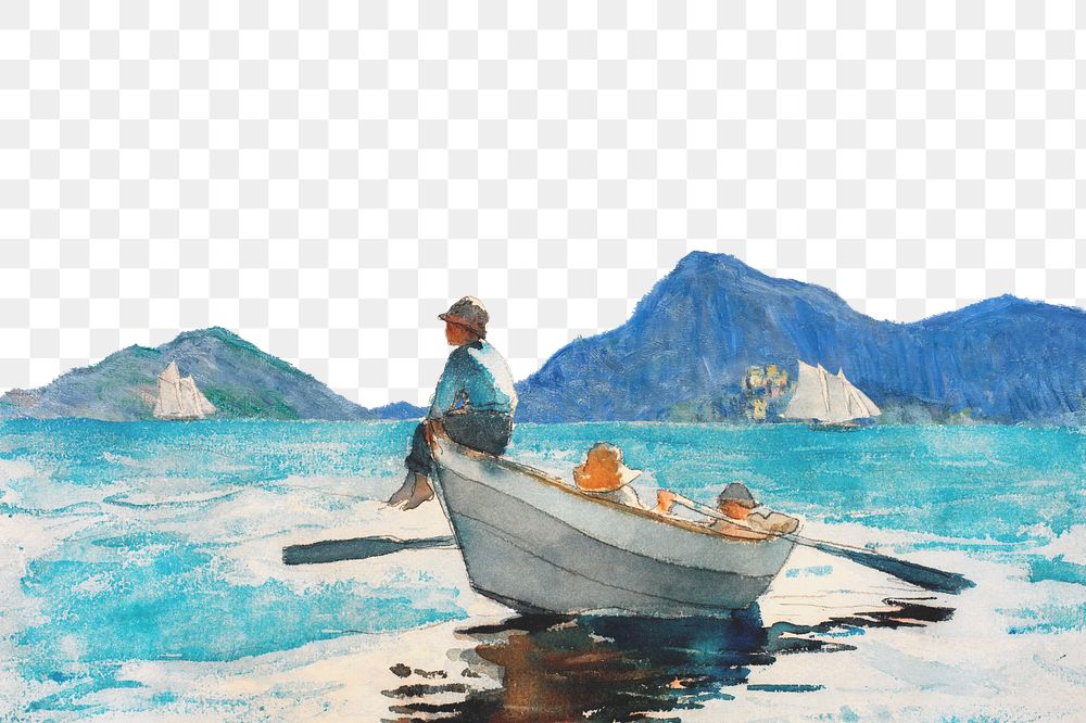 Seascape border png Winslow Homer's Boys in a Dory artwork sticker, transparent background, remixed by rawpixel