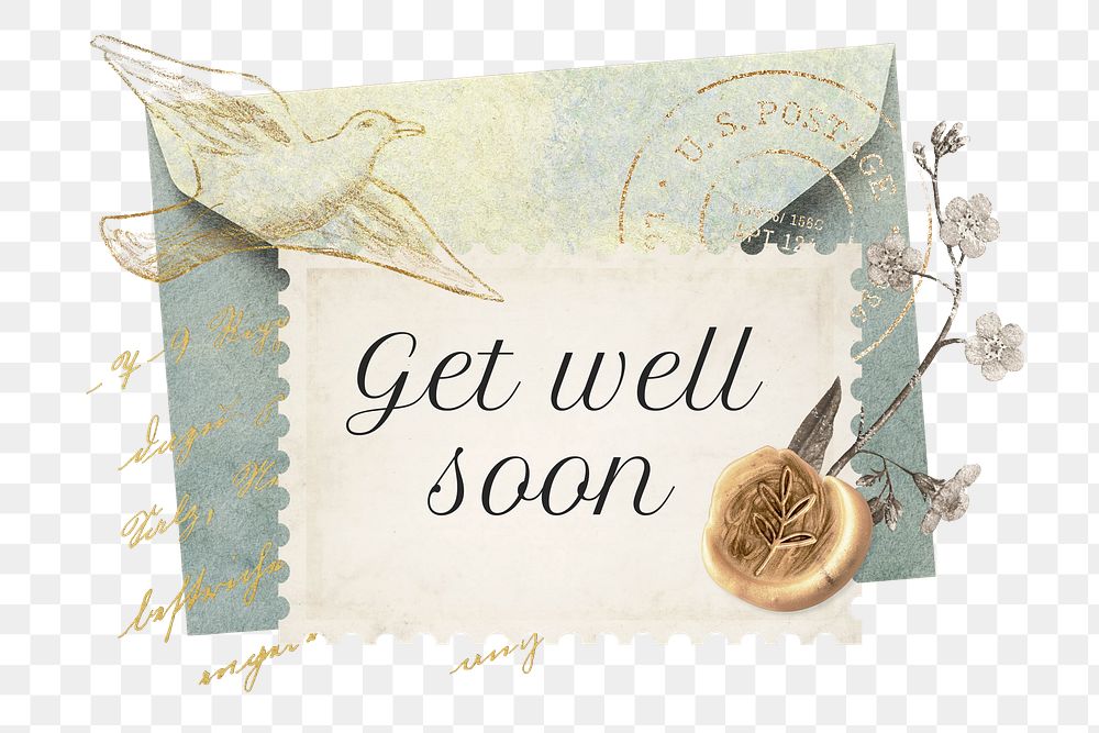 Ephemera postage stamp png get well soon collage journal sticker, transparent