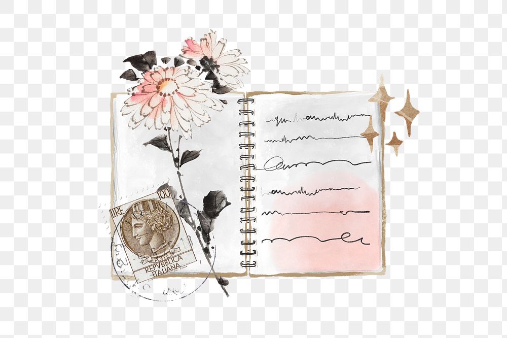 Aesthetic diary png floral journal sticker, transparent background