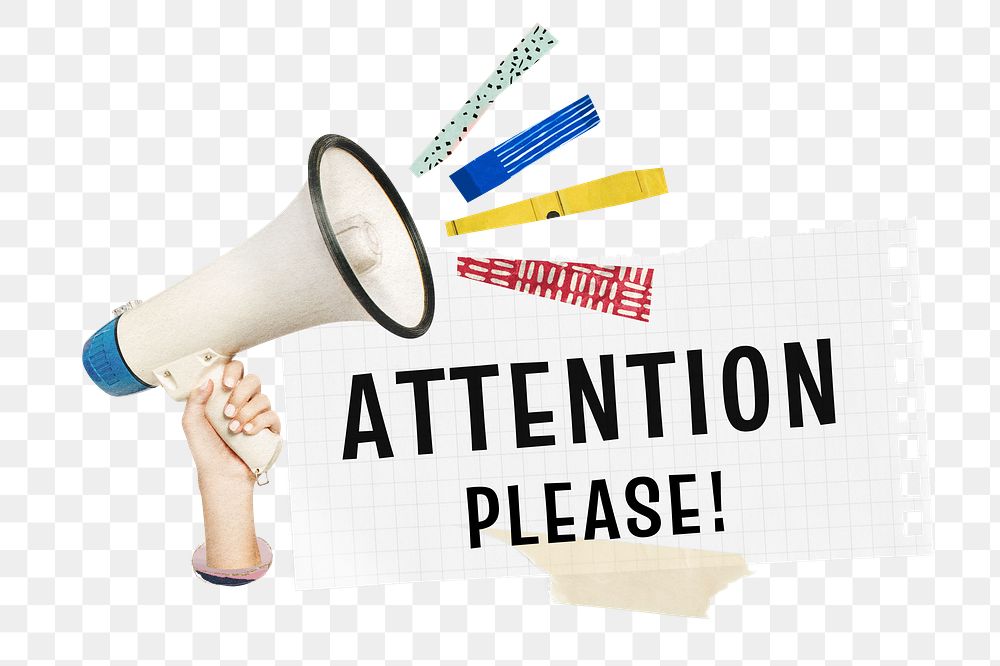 Attention please! announcement png paper collage sticker, transparent background