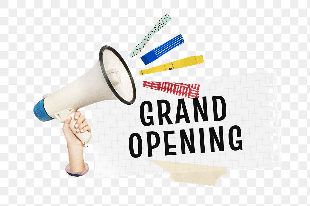 Grand opening announcement png paper collage sticker, transparent background