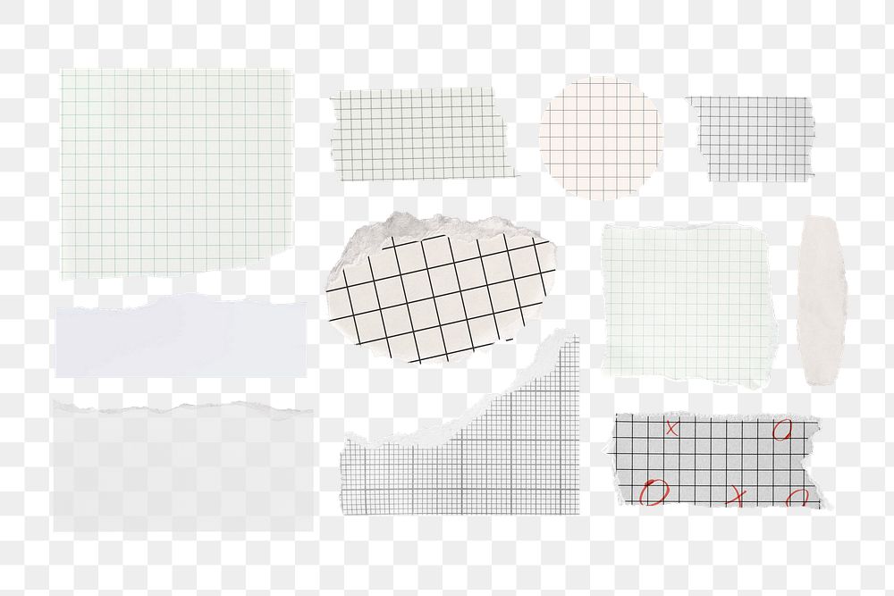 Grid patterned png ripped paper collage element set, transparent background