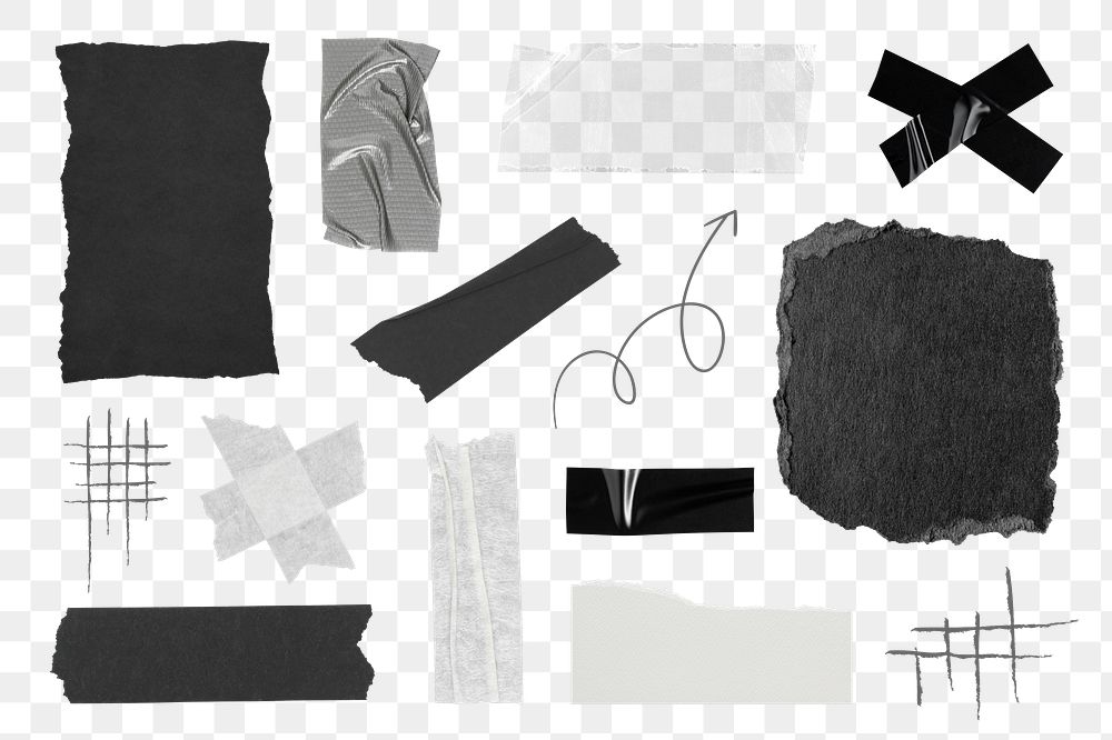 Black and white png ripped paper collage element set, transparent background