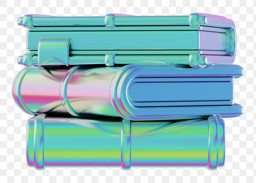 Holographic stacked books png 3D education element, transparent background