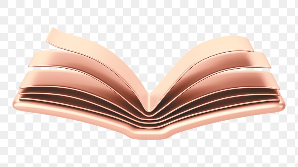 Rose gold open book png 3D education element, transparent background