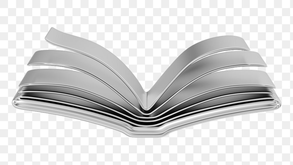 Silver  open book png 3D education element, transparent background