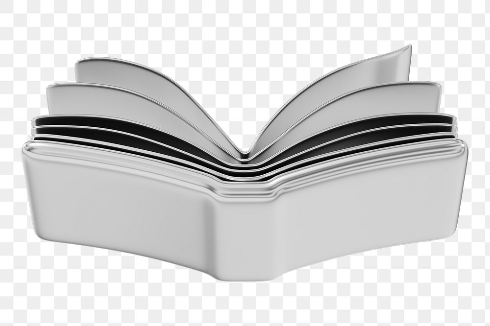 Silver  open book png 3D education element, transparent background