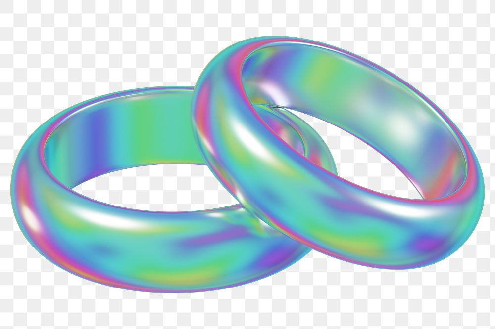 Iridescent  couple rings png 3D jewelry element, transparent background