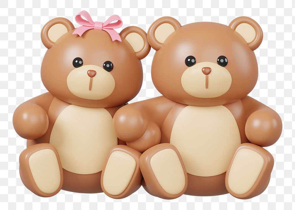 Couple teddy bears png 3D illustration, transparent background